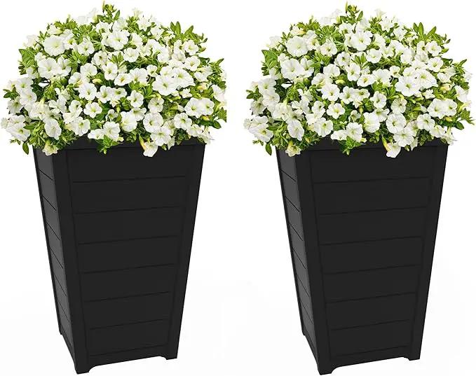 Keter Set of 2 Resin Modern Outdoor 22 Inch Tall Large Flower Pots, Tapered Wood Look Planters for Outdoor Plants and Front Porch Decor, Graphite by GreenHaven Gardens