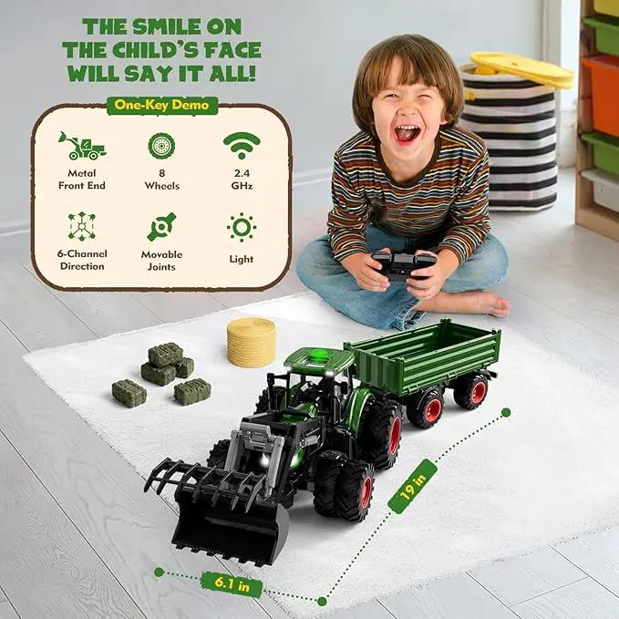 Remote Control Tractor Toy, Kids RC Tractor Set & Truck and Trailer Front Loader - Metal Car Head/8 Wheel/Light, Toddlers Farm Vehicle Toys for 3 4 5 6 7 8 9 Year Old Boys Girls Birthday Gift by GreenHaven Gardens