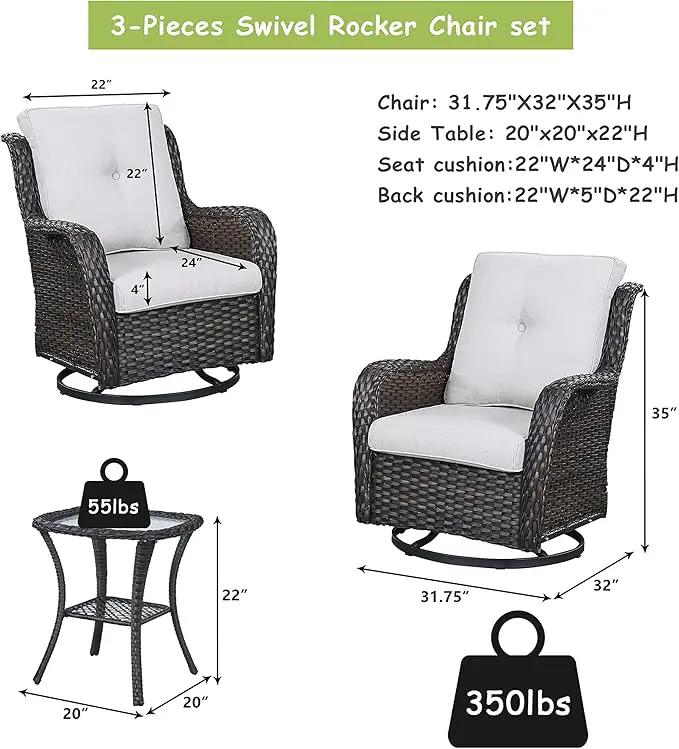 Outdoor Patio Swivel Rocker Chairs - 3 Piece Patio Bistro Set,Wicker Patio Furniture Set with 2 Swivel Rocking Chairs and 1 Glass Top Side Table for Deck Porch Garden,Brown/Beige by GreenHaven Gardens