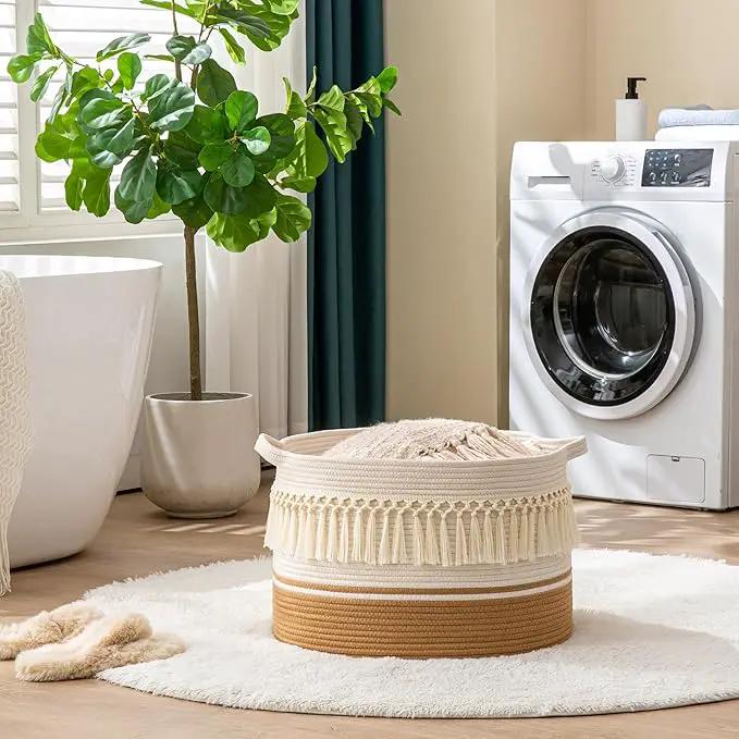 KAKAMAY Large Blanket Basket (20"x13"),Woven Baskets for storage Baby Laundry Hamper, Cotton Rope Blanket Basket for Living Room, Laundry, Nursery, Pillows, Baby Toy chest (White Fringe) by GreenHaven Gardens