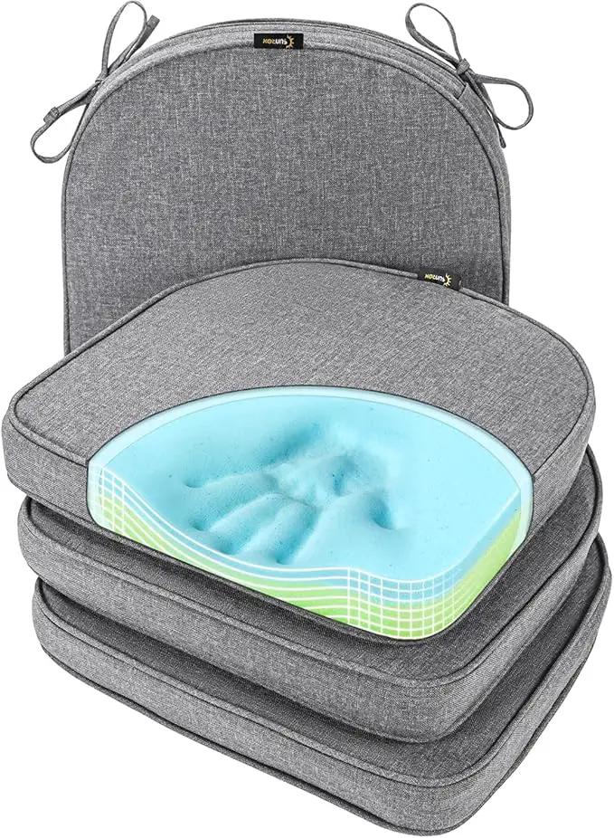 SUNROX Gel Memory Foam Chair Cushions, FadeShield Water-, Stain-Resistant Durable Reversible Seat Cushion Pads with Ties for Indoor/Outdoor Kitchen Dining Office, 19"x19", Set of 4, Heather Charcoal by GreenHaven Gardens