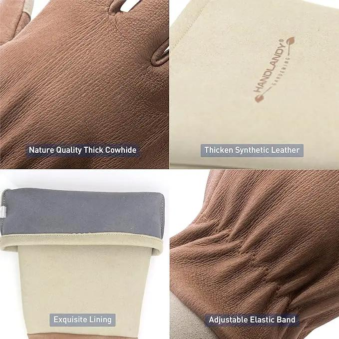 HANDLANDY Long Gardening Gloves for Men & Women, Thorn Proof Rose Pruning Gloves Leather Gauntlets Garden Glove Yard Work Glove (Large, Brown) by GreenHaven Gardens
