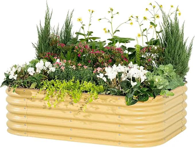 Vego garden Aluzinc Raised Garden Bed Kits, 17" Tall 6 in 1 Modular Metal Raised Planter Bed for Vegetables Flowers Patio Ground Planter Box, Sunlit Oak by GreenHaven Gardens