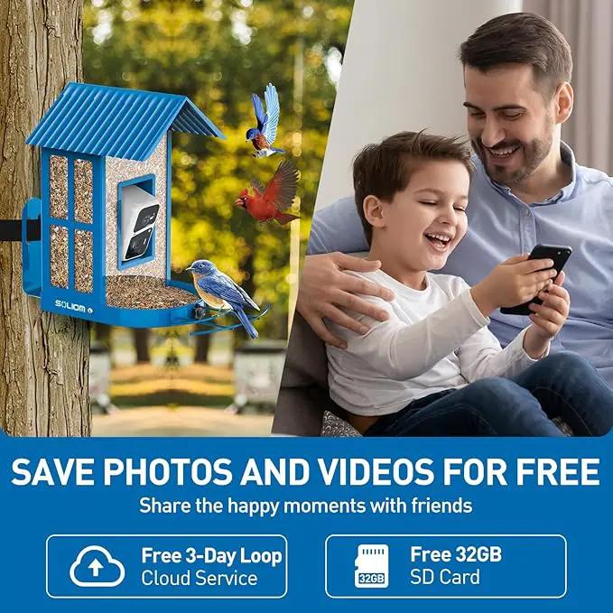 Bird Feeder with Camera with AI Identify Species, Wild Bird Watching, 2K Live View, Instant Arrival Alerts with 5W Solar Powered-Soliom BF08 Metal Blue by GreenHaven Gardens
