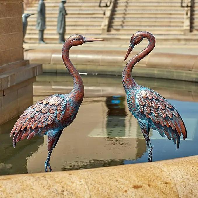 Kircust Garden Crane Statues Patina Heron Decoy, Standing Metal Crane Sculptures Bird Yard Art for Outdoor Decor, Set of 2 by GreenHaven Gardens