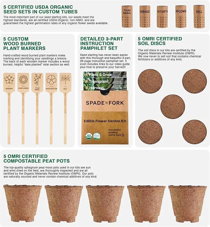 Organic Edible Flower Garden Seed Kit - 23pc Indoor Garden with Soil, Pots, Plant Markers, USDA Organic Non-GMO Seeds & Illustrated Instructions - Sunflower, Borage, Thai Basil, Dill, Nasturtium by GreenHaven Gardens
