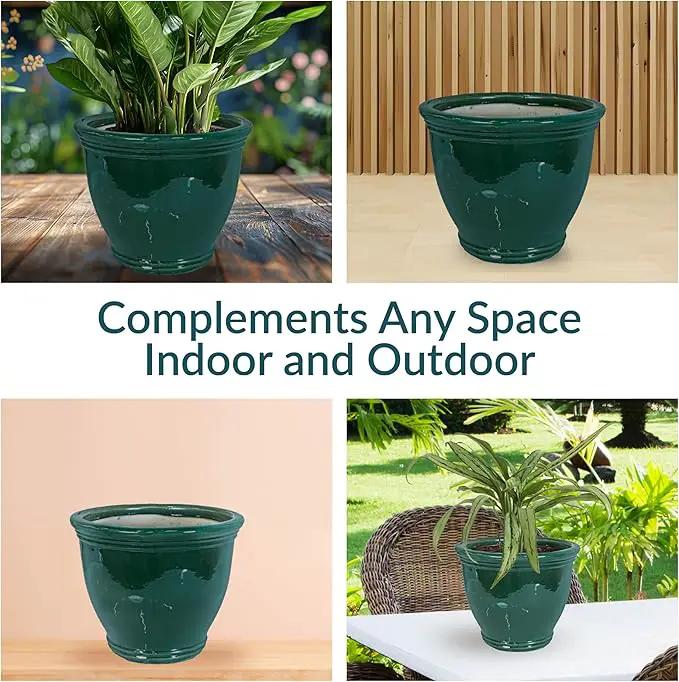 Sunnydaze Studio Large Ceramic Plant Pot - Round Outdoor Glazed Ceramic Planter Pot with Drainage - Dark Green - 15 in by GreenHaven Gardens