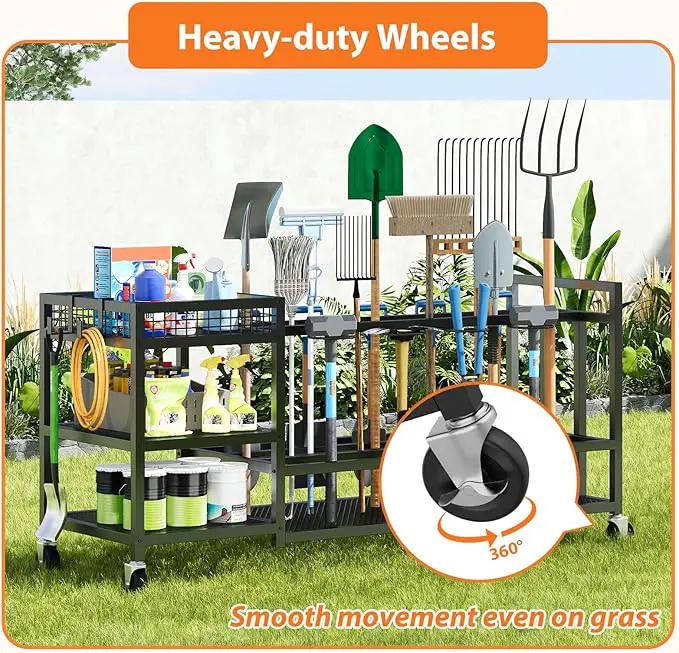 Garden Tool Organizer with Wheels-Movable Garden Tool Rack with Storage Hooks for Long-Handled Tools/Rakes/Brooms/Shovels,Heavy Duty Metal Garden Tool Storage for Garage,Shed,Garden,Black by GreenHaven Gardens