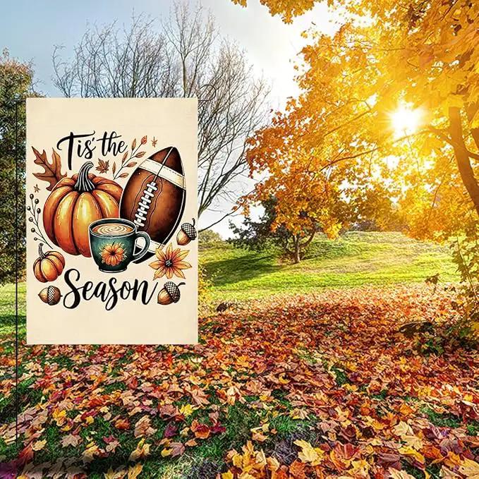 Tis the Season Fall Garden Flag Autumn Football Pumpkin Garden Flag 12x18 inch Double Sided Fall Thanksgiving Flags for Yard Home Porch Lawn (Flay 1804) by GreenHaven Gardens