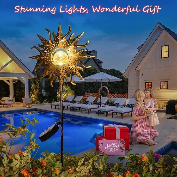 HOMEIMPRO Large Sun Solar Garden Decor Lights Outdoor Garden Gifts Mom Dad, Crackle Glass Metal Stake,Yard Decorations, Waterproof LED Lights for Lawn Patio Ornaments, Mothers Day Gifts for Women by GreenHaven Gardens