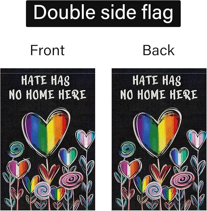 Hate Has No Home Here Pride Garden Flag 12x18 Double Sided Burlap, Small Rainbow Love Heart Gay Lesbian LGBT Pansexual Yard Sign Banner for Pride Month Porch Outdoor Decor by GreenHaven Gardens
