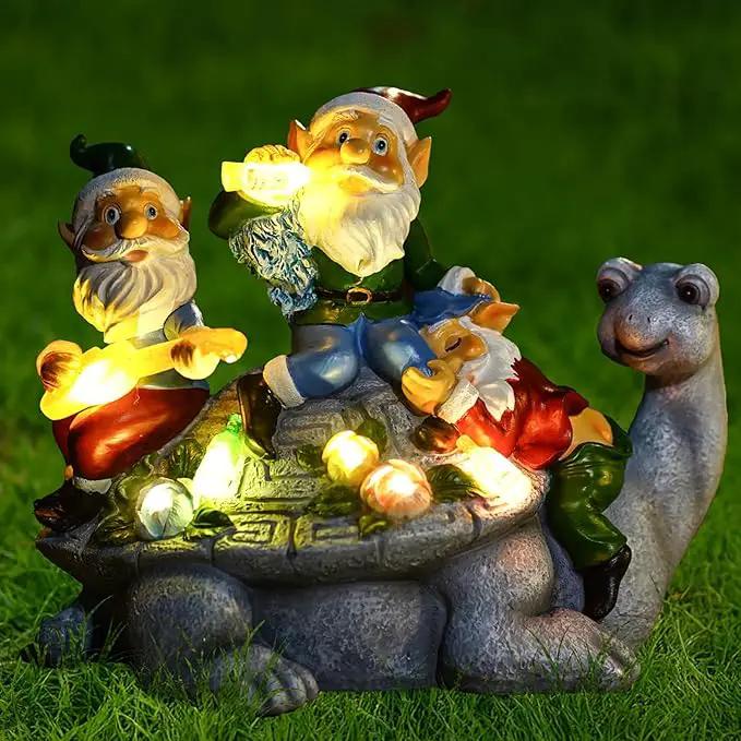 Upgraded Size Solar Garden Outdoor Statues Three Gnomes having party on turtle with 7 LED Solar Figurine for Lawn,Patio,Balcony,Yard Decor Unique Housewarming Gift, for grandfather, Father,Grandma,Wen by GreenHaven Gardens