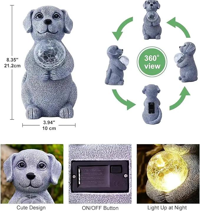 Solar Dog Garden Statues - 8.4 "Dog Decor with Gazing Ball Solar LED Lights, Unique Gifts for Mom Grandma Birthdays & Dog Lovers, Outdoor Decor for Outside Lawn Porch Patio (Gray) by GreenHaven Gardens
