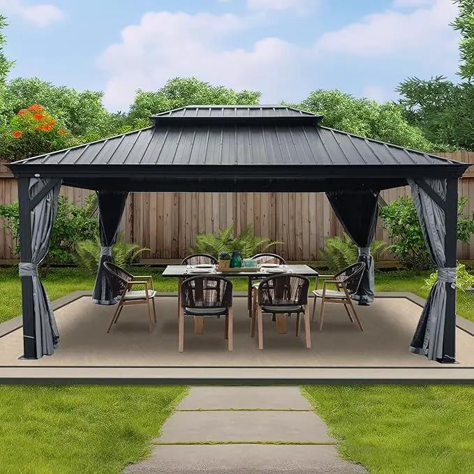 Kozyard Alexander 12' X 16' Hardtop Permanent Aluminum Metal Gazebo with Galvanized Steel Double Roof Canopy, Curtain and Netting Pavilion for Patio, Backyard, Deck, Lawn (Gray) by GreenHaven Gardens