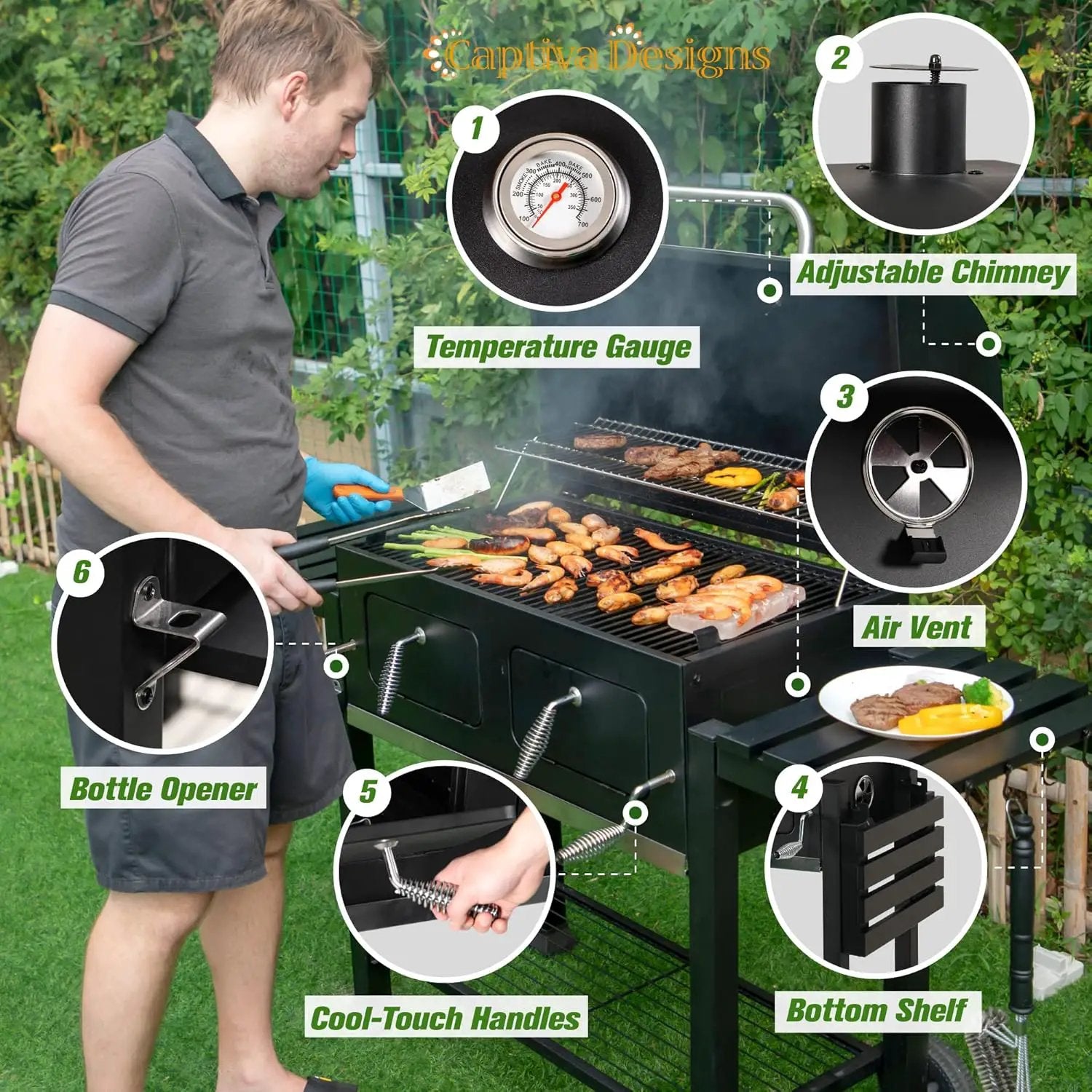 Captiva Designs Extra Large Charcoal BBQ Grill with Oversize Cooking Area(794 SQIN), Outdoor Cooking Grill with 2 Individual Lifting Charcoal Trays and 2 Foldable Side Tables by GreenHaven Gardens