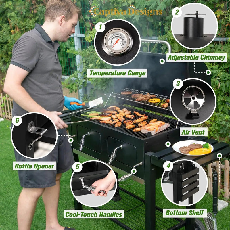 Captiva Designs Extra Large Charcoal BBQ Grill with Oversize Cooking Area(794 SQIN), Outdoor Cooking Grill with 2 Individual Lifting Charcoal Trays and 2 Foldable Side Tables by GreenHaven Gardens