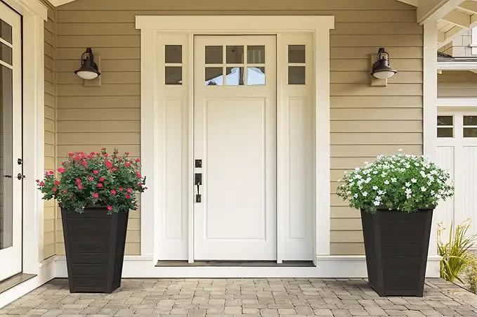 Keter Set of 2 Resin Modern Outdoor 22 Inch Tall Large Flower Pots, Tapered Wood Look Planters for Outdoor Plants and Front Porch Decor, Graphite by GreenHaven Gardens