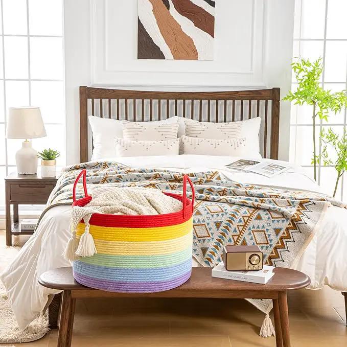 KAKAMAY Large Blanket Basket (20"x13"),Woven Baskets for storage Baby Laundry Hamper, Cotton Rope Blanket Basket for Living Room, Laundry, Nursery, Pillows, Baby Toy chest (Rainbow) by GreenHaven Gardens