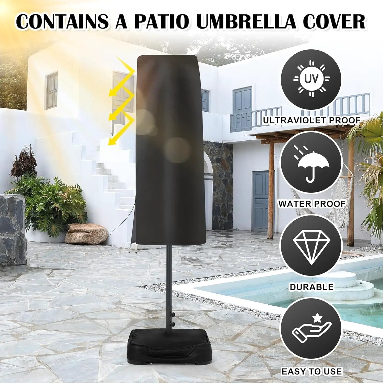 Sundale Outdoor Solar 144 LED 15 ft Patio Umbrella with Sandbag Base Included and Cover, Outdoor Double-Sided Umbrella, Navy by GreenHaven Gardens