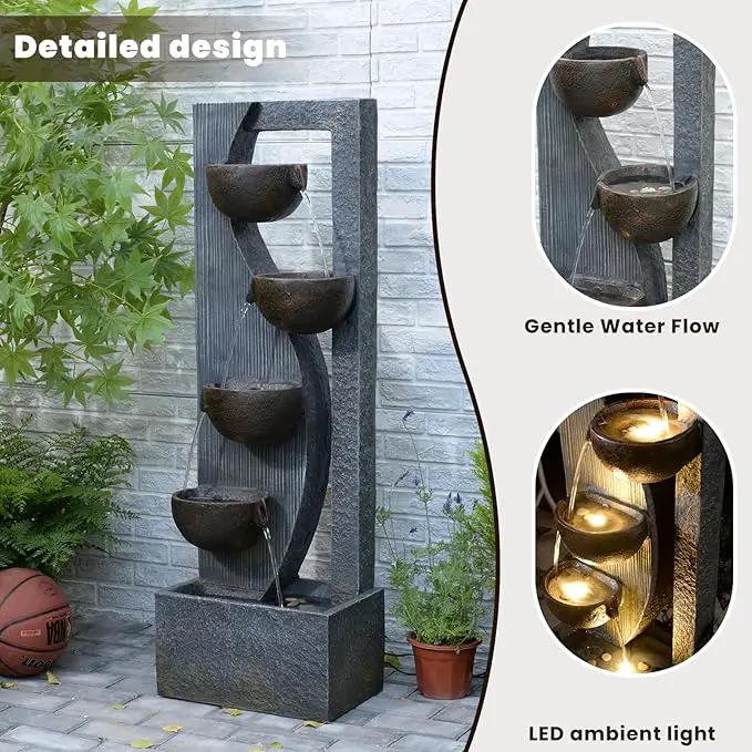 5-Tier Cascading Outdoor Fountain with LED Lights, 49.2" Tall Resin Waterfall Fountain for Garden, Patio, Backyard - Freestanding Water Feature by GreenHaven Gardens