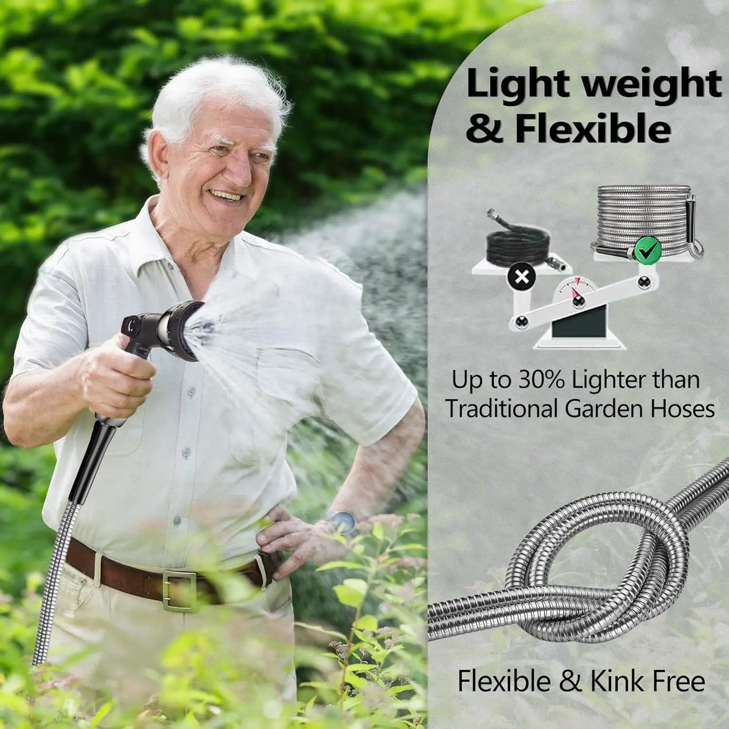 200 ft Garden Hsoe - 2025 New 304 Stainless Steel Garden Hose with 10-Function Spray Gun, 3/4'' Copper-Chrome Fittings – Lightweight, Durable, and Kink-Free, Metal Water Hoses for Gardening by GreenHaven Gardens