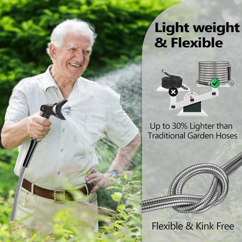 150 ft Garden Hsoe - 2025 New 304 Stainless Steel Garden Hose with 10-Function Spray Gun, 3/4'' Copper-Chrome Fittings – Lightweight, Durable, and Kink-Free, Metal Water Hoses for Gardening by GreenHaven Gardens