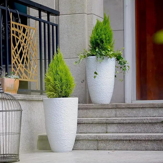 Worth Garden 2-Pack 21" H. White Tall Planters - 14'' Dia Resin Large Round Flower Pots for Outdoor Plants Trees - Imitation Stone Finish Plastic Indoor Front Porch 9 Gallon Decorative Container Patio by GreenHaven Gardens