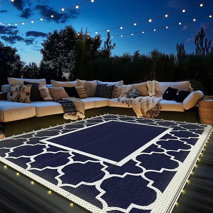 GENIMO 6' x 9' Outdoor Rug Waterproof for Patio Decor, Foldable Reversible Plastic Straw Area Rugs Mat with String Light, Led Carpet for Camper, Rv, Deck, Porch, Picnic, Beach, Balcony, Blue & White by GreenHaven Gardens