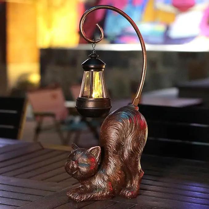 Laughing Cat Figurine with Solar-Powered LED Light, 15.7 Inches Tall Antique Bronze, Perfect for Gift Garden Decor or Housewarming for Cat Lovers. by GreenHaven Gardens