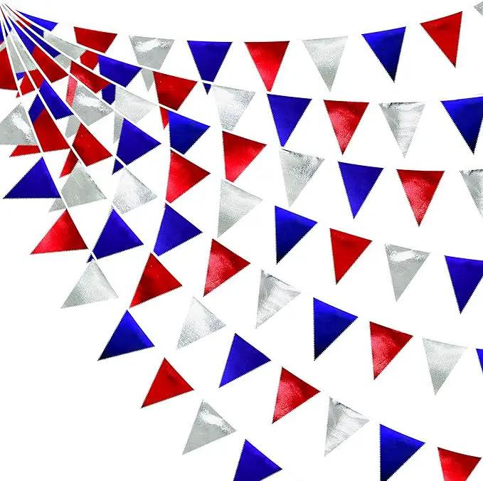 Red Blue Silver Party Decorations Metallic Fabric Triangle Pennant Banner Flag Bunting Garland for Graduations 4th of July American USA National Day Patriotic Veterans Birthday Outdoor Party Supplies by GreenHaven Gardens