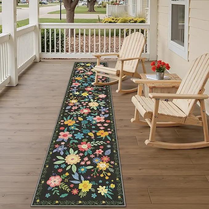 GENIMO Indoor Outdoor Area Rug 2' X 10' Waterproof, Washable Runner Rug Non Shedding, Easy Cleaning Floral Outdoor Carpet for Patio, Living Room, Bedroom, Entryway, Porch, Dining Room, Black by GreenHaven Gardens