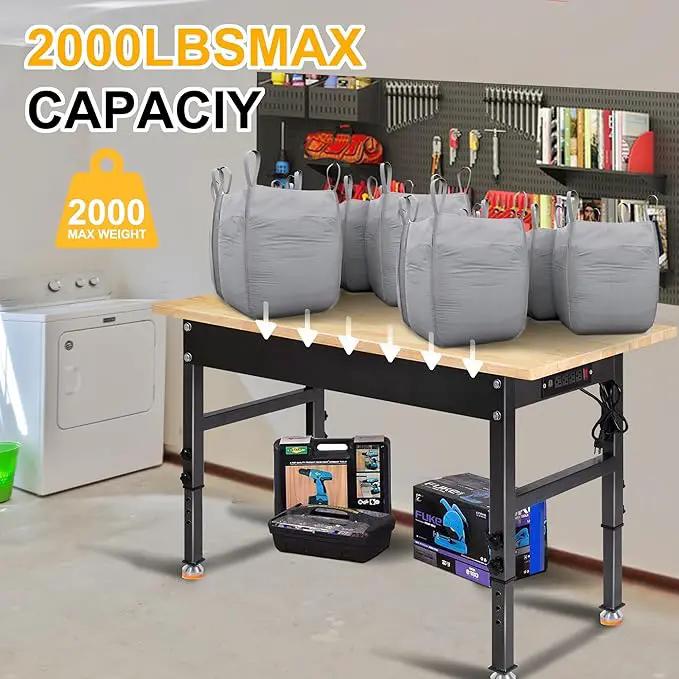 48" Adjustable Work Bench, Rubber Wood Top Workbench Heavy-Duty Work Table with Power Outlet, 2000 LBS Load Capacity Hardwood Work Benches for Garage, Workshop, Home, Office, Easy Assembly by GreenHaven Gardens