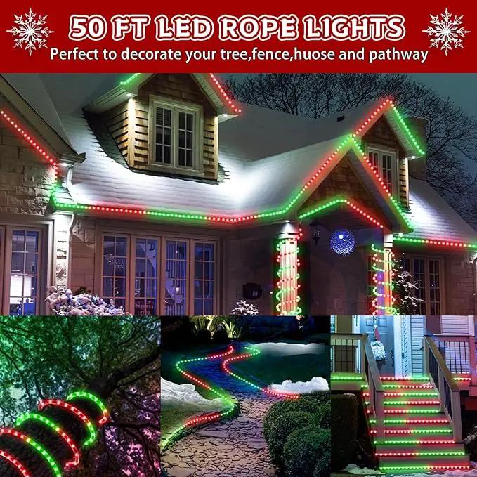 Christmas Rope Lights Outdoor, 50Ft 600 LED Red and Green String Lights, Waterproof Tube Light Plug in 8 Modes Timer Memory, Permanent Christmas Lights for Tree Fence Yard House Decorations by GreenHaven Gardens