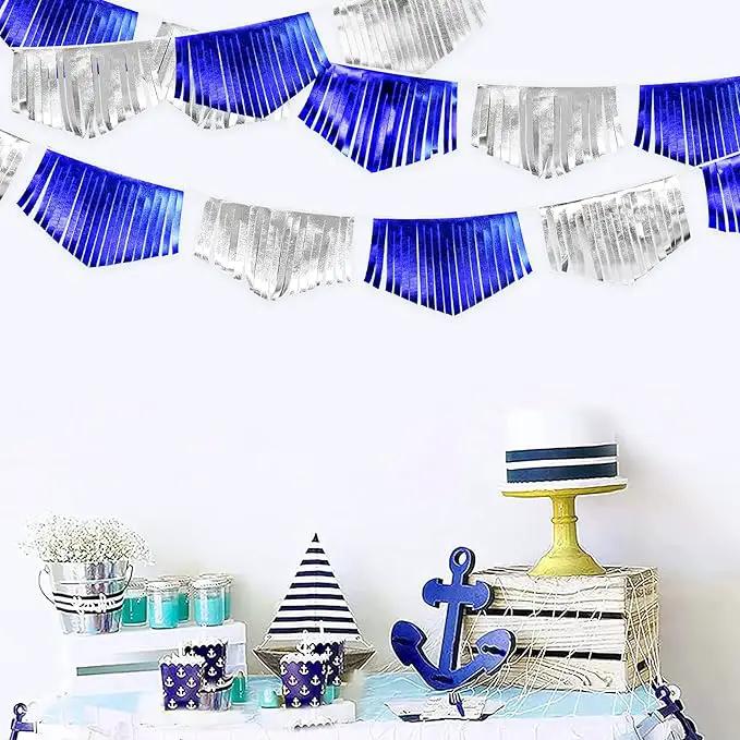 Royal Blue Silver Tassel Banner Metallic Fabric Pennant Bunting Flag for Graduation Birthday Retirement Bachelorette Engagement Wedding Bridal Shower Navy Nautical Ahoy Achor Party Decoration Supplies by GreenHaven Gardens
