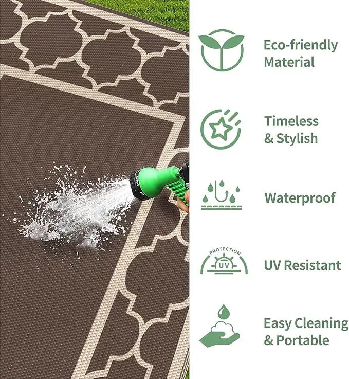 GENIMO 9' x 12' Outdoor Rug Waterproof for Patio Decor, Foldable Reversible Plastic Straw Area Rugs Mat for Camper, Outside Carpet for Rv, Deck, Porch, Picnic, Beach, Balcony, Coffee & Beige by GreenHaven Gardens