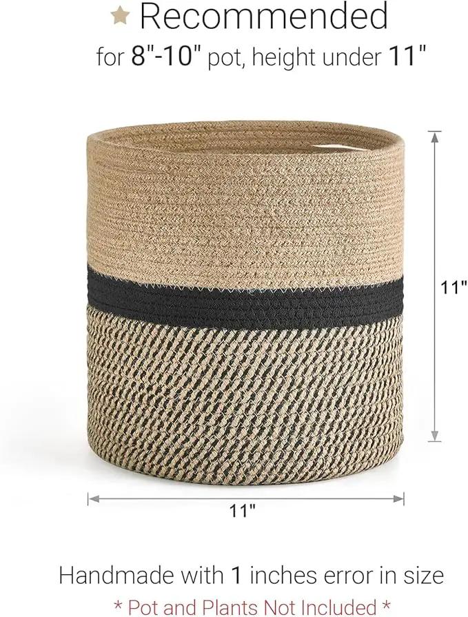 Dahey Jute Rope Plant Basket Modern Woven Storage Basket for 10" Indoor Planter, Decorative Flower Pots Cover Laundry Bin with Handle Rustic Home Decor, Black by GreenHaven Gardens
