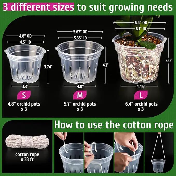 Orchid Pot, 9 Pack Orchid Pots with Holes, 3 Each of 4.8, 5.7 and 6.4 Inch Clear Flower Planter for Repotting, Plastic Slotted Nursery Planters Indoor Outdoor by GreenHaven Gardens