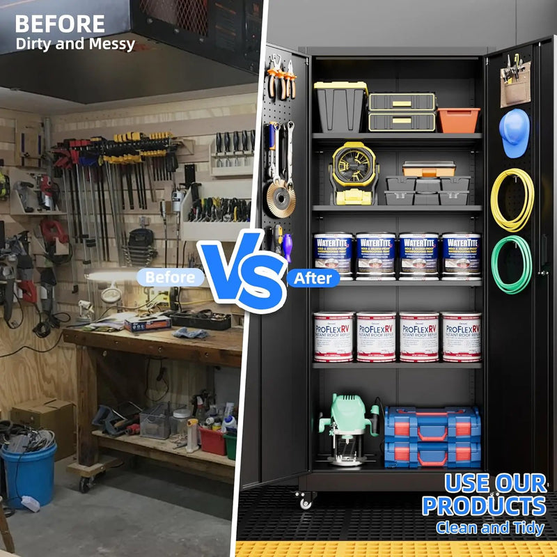 73" H Metal Garage Storage Cabinet with Wheels & Pegboard,Rolling Tool Cabinet with 2 Doors and 4 Shelves for Garage,Home,Office,Warehouse,Workshop, Required-Assembly,Black by GreenHaven Gardens
