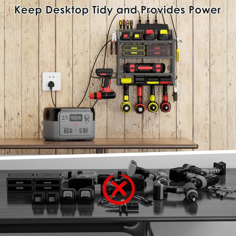 Power Tool Organizer Wall Mount with Charging Station, 4 Layer Storage Rack and Tool Holder for Garage Organization, 6 Drill Holder Wall Mount, 4 Hooks and 6 Outlet Power Strip, Great Men's Gift by GreenHaven Gardens