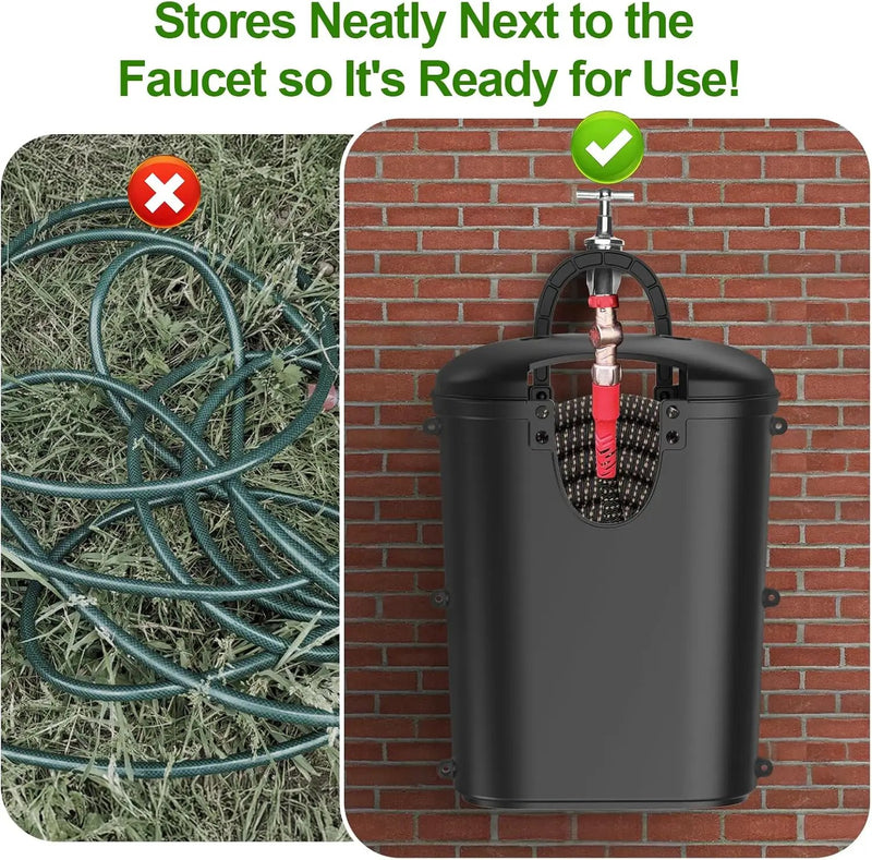 Riokko Garden Hose Holder Bucket, Hose Storage, Water Hose Storage for Outside, Hose Box Fits 25FT Heavy Duty/100FT Expandable/50FT Flat/50FT Stainless Steel Hoses, Hanging Handle & Drain Hole Design by GreenHaven Gardens