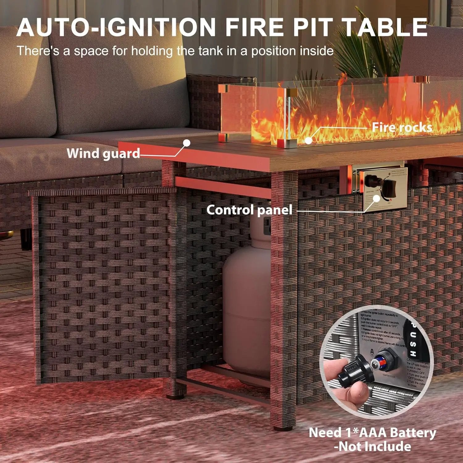 44" Fire Pit Table with Wind Guard for Outdoor, Auto-Ignition Propane Gas Firepits Rattan Rectangular Table for Outside Patio 60,000 BTU, Gray by GreenHaven Gardens