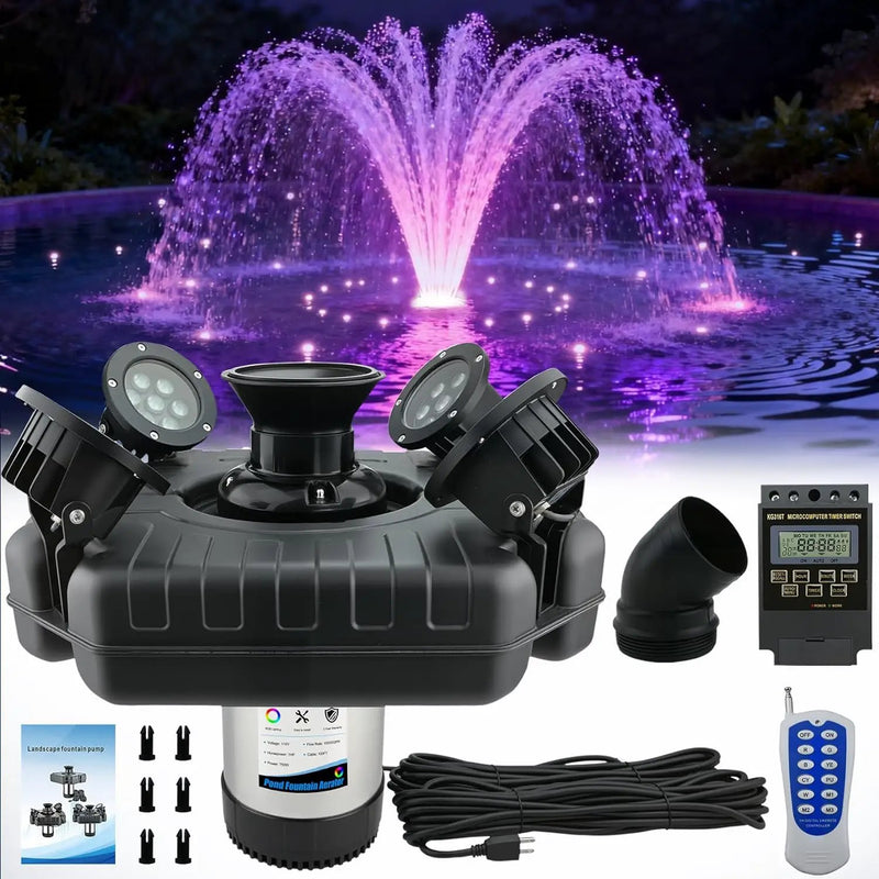 Pond Fountain Aerator with Light RGB LED, 1HP 750W Floating Fountain System for Outdoor Pond Lake, 110V 15000 GPH Fully Automatic Stainless Steel Fountain Pump with 4 LED Lights 100 Feet Power Cord by GreenHaven Gardens