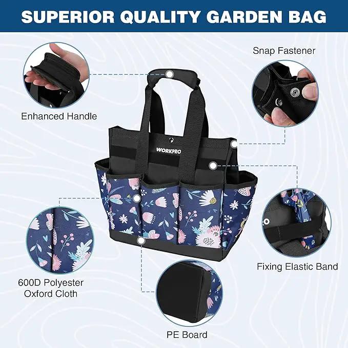 WORKPRO Garden Tool Bag, 9-Pocket Heavy Duty Oxford Tote Bag, Gardening Tool Kit Holder, 12" x 12" x 6" (Blue Insects) by GreenHaven Gardens