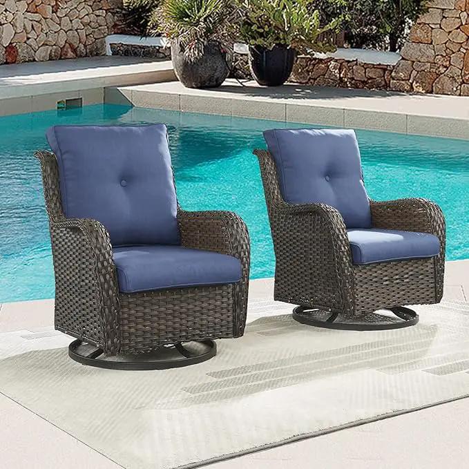 Outdoor Patio Swivel Rocker Chairs - Single Wicker Rattan Patio Swivel Rocking Chair with High Back,Deep Seating and Comfort Cushions for Deck Porch Garden,Brown/Blue by GreenHaven Gardens