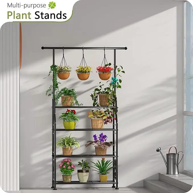 GIOTORENT Plant Stand Indoor Outdoor, 4-Tier Heavy Duty Metal Shelves, Display up to 17 Multiple Plants, Tall Plant Holder with Plant Hanger, Suit for Patio Living Room Garden Balcony, 5 Hooks, Black by GreenHaven Gardens