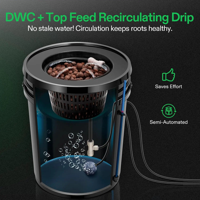 VIVOSUN DWC Hydroponics Grow System with Top Drip Kit, 5-Gallon Deep Water Culture, Recirculating Drip Garden System with Multi-Purpose Air Hose, Air Pump, and Air Stone (1 Bucket + Top Drip Kit) by GreenHaven Gardens