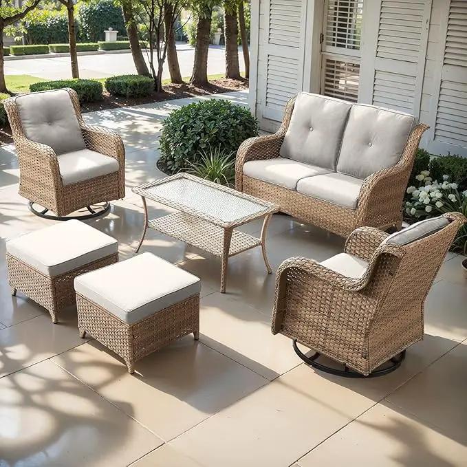 Outdoor Wicker Patio Furniture Set - 6 Piece Rattan Patio Conversation Set with 2 Rocking Swivel Chairs,2 Ottomans,1 Loveseat and 1 Coffee Table for Porch Deck Backyard Garden(Yellow/Beige) by GreenHaven Gardens