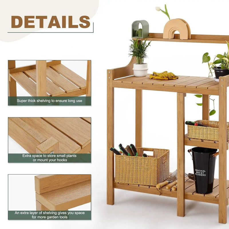 LMP Potting Bench, HDPS Potting Bench Table, 50’’x17.5x37.5' (LxWxH) All Weather Potting Table Work Station for Outside Gardening, Like Teak Wood by GreenHaven Gardens