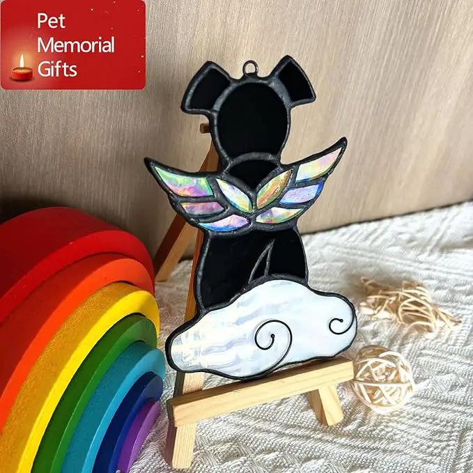 Stained Glass Angel Wings Dog Memorial Gifts for Loss of Dog Sympathy Gift Suncatcher, Rainbow Bridge Pet Passing Away Remembrance in Memory, Dog Bereavement Gifts for Loss of Pet, Black by GreenHaven Gardens