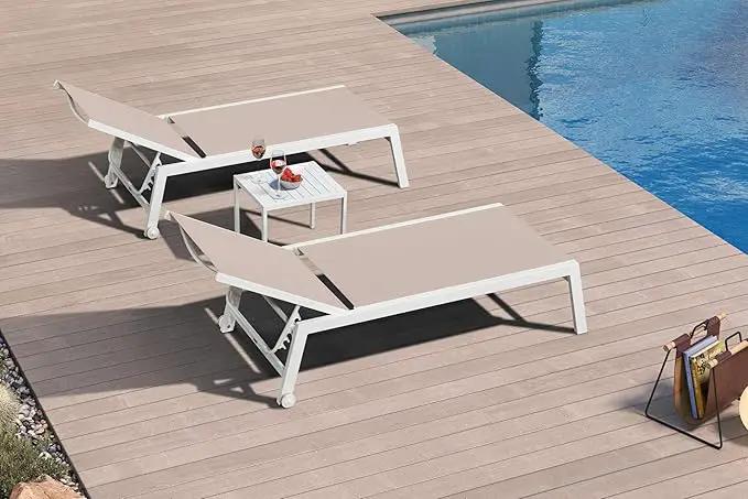 PURPLE LEAF Outdoor Chaise Lounge Adjustable Sunbathing Recliner with Side Table Khaki 2 Sets by GreenHaven Gardens
